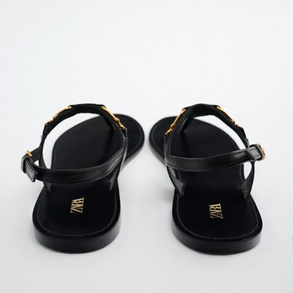 NEW ZARA FLAT LEATHER SANDAL WITH BUCKLE BLACK WOMENS‎ SIZE 8 METAL BUCKLE - Picture 5 of 7